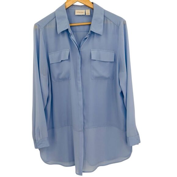 Chico’s Mixed fabric light blue semi sheer button up tunic top size large - Picture 2 of 8